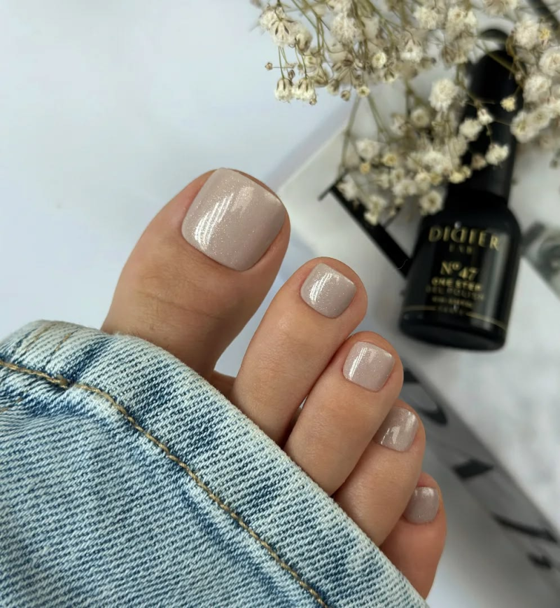 Beige nude chrome pedicure ideas.