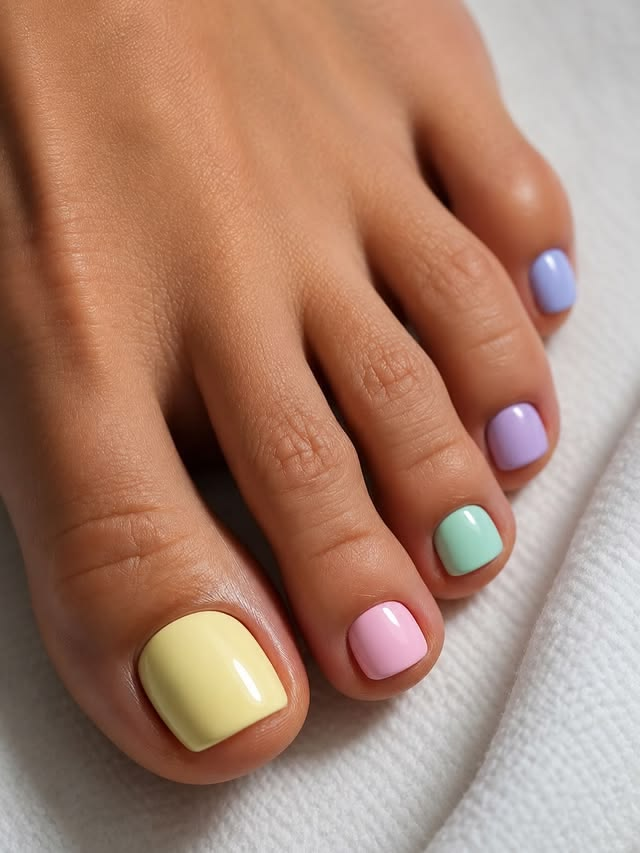 Pastel rainbow pedicure.