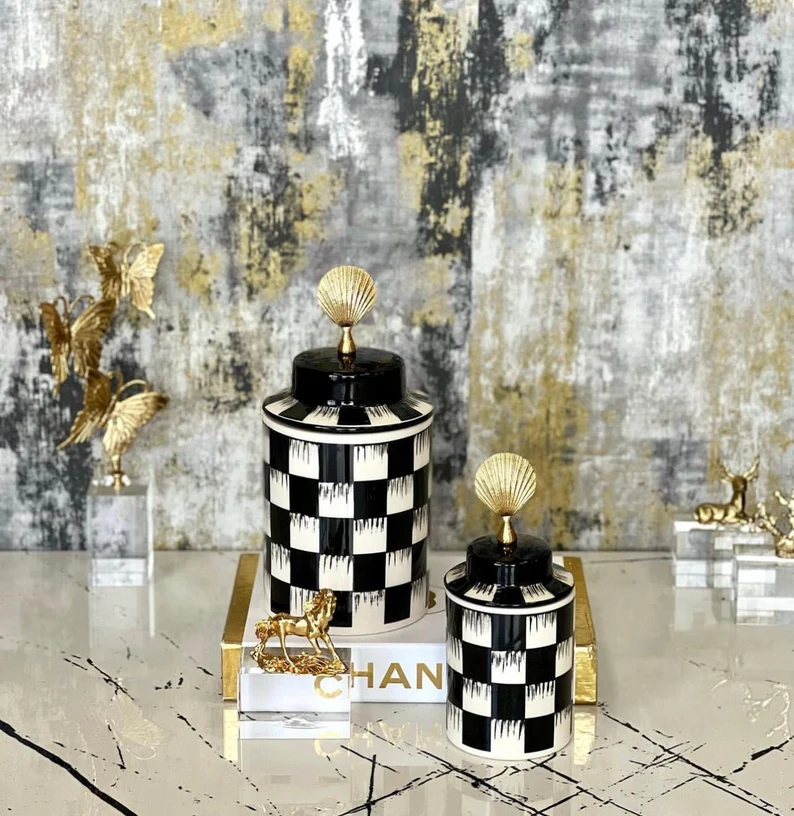 black and white checkered ginger jars. black and white temple jars home decor