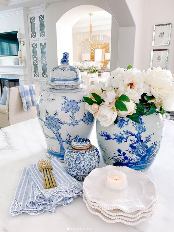 kitchen countertop decor with blue and white ginger jars
