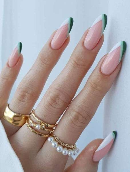nude nail colored tips. nude nail trends coffin.green and white tipped spring summer nails designs manicure