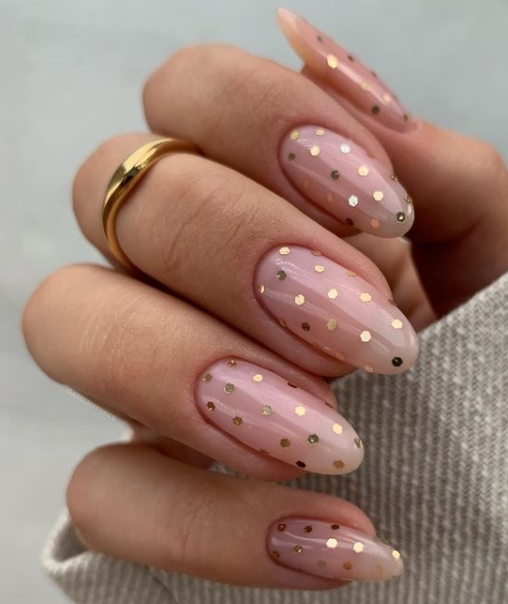 pink and gold dotted nail design. nude nails. wedding nails with gold.