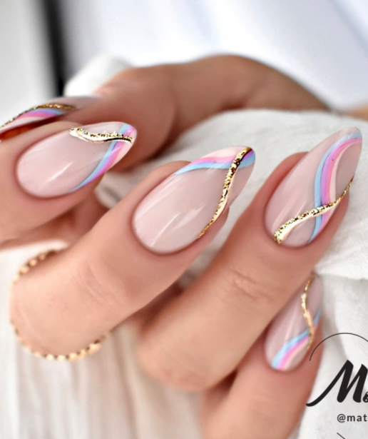 nude nails designs. nude nails glitter gold.rainbow gold swirl spring summer nails designs