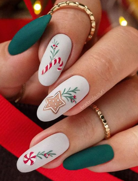 candy cane and gingerbread christmas nail art. winter nail designs for short nails