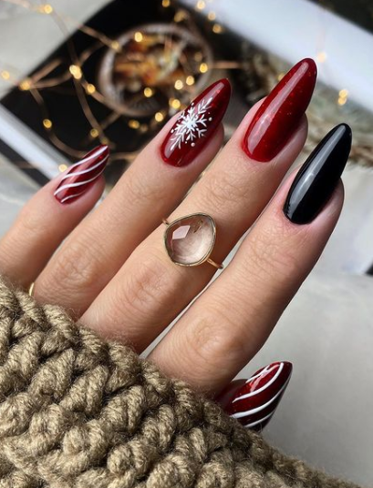 deep red black swirl christmas nails for winter long short