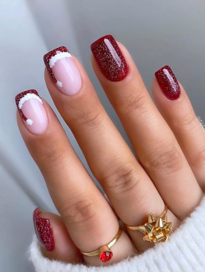 deep red glitter tipped nails with santa hat christmas nail art design ideas. winter nail designs.