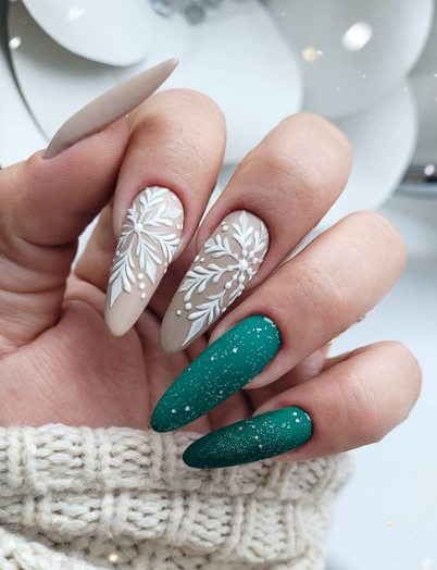 nude snowflake christmas nail art. winter nails almond shape acrylic.