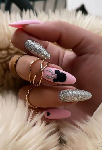 pink and silver glitter mickey mouse christmas nail design. winter holiday acrylic nails