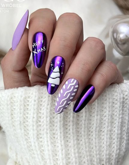 purple chrome christmas nails. winter holiday nail designs.