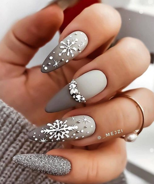 winter Christmas snowflake nail designs in gray