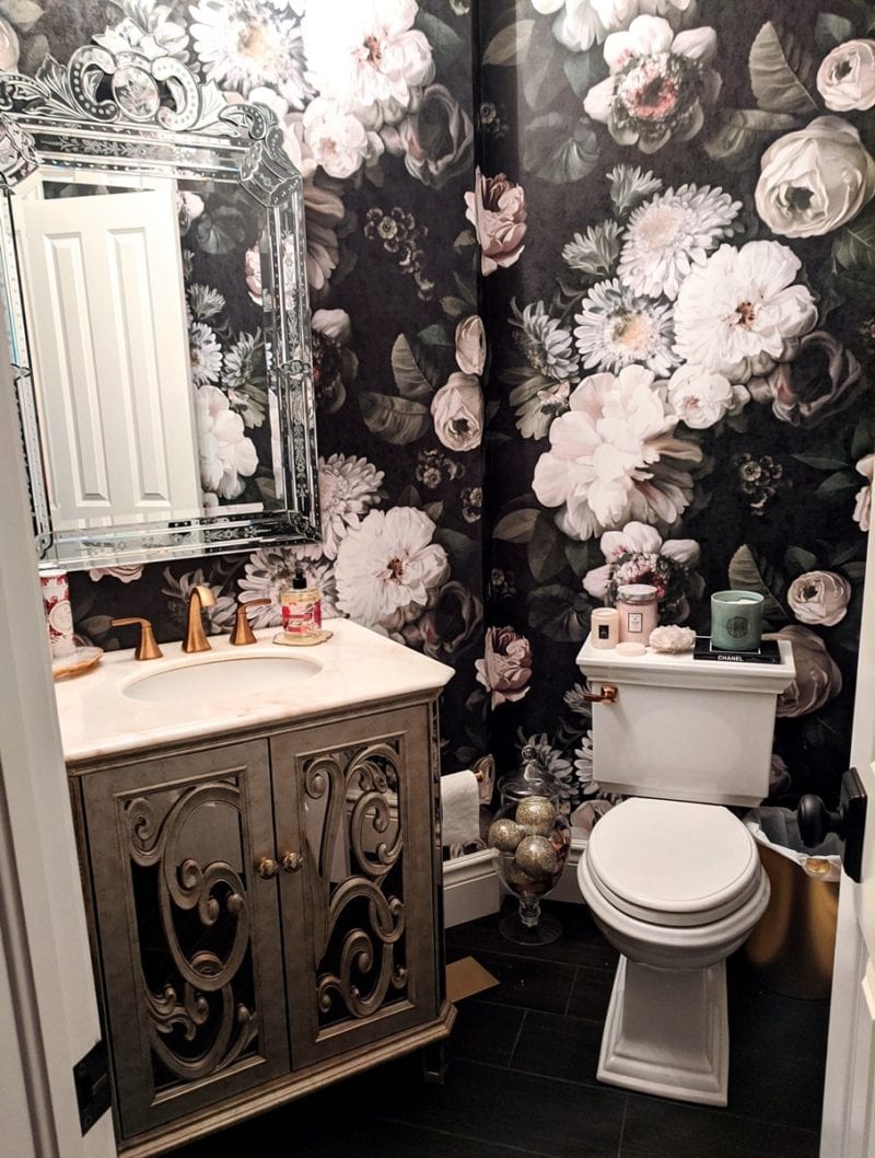 My Powder Room Remodel ftg. Ellie Cashman Dark Floral Wallpaper - Blush &  Pearls