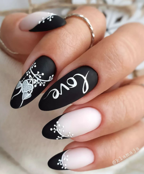 black and white love valentine day nails. valentines nail designs long.