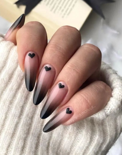 black heart ombre nails. valentines day nail designs. heart nails.