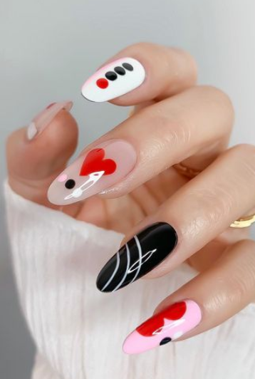 black red and white heart polka dot valentines nails. best valentines day nail designs