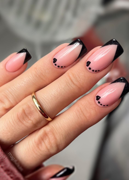 black tipped heart valentines nail art. valentines day nail design ideas hearts and arrows.