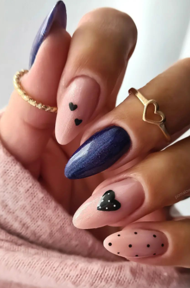 blue and pink glitter valentines nail art design. best valentines nails short.