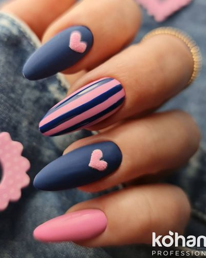 blue and pink valentines day nail designs ideas hearts and stripes. valentines nails.