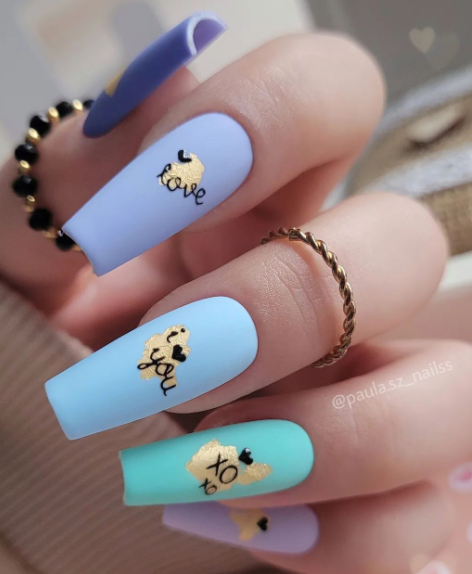 blue love you xoxo nails. valentines day nail design art.