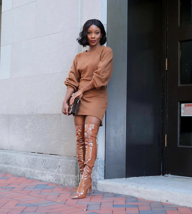 Fall sweater dress with boots date outfit is chic AF!