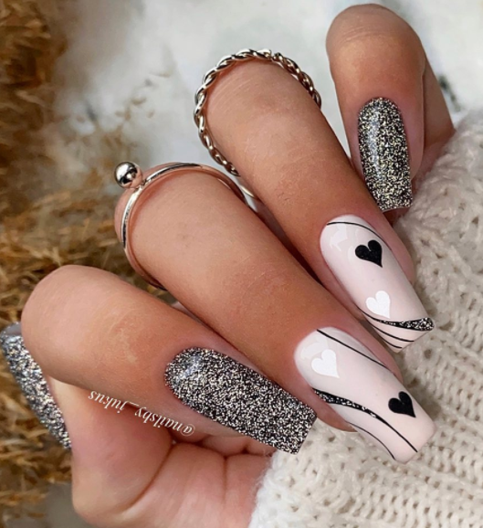 gray glitter heart nails. valentines day nail designs.