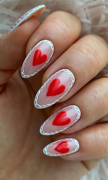 heart and lace valentines day nail design. valentines nail art acrylic nails long