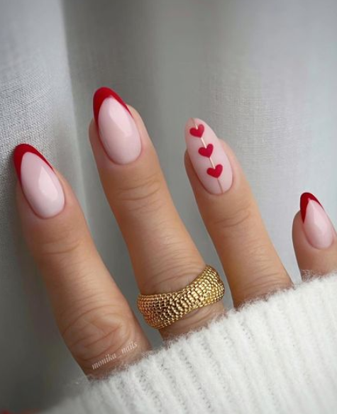 matte red tipped heart valentines day nail art design