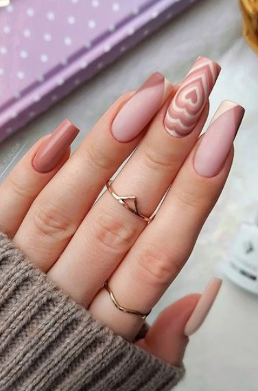 nude heart nails. valentines day nail designs. beige coffin nail designs.