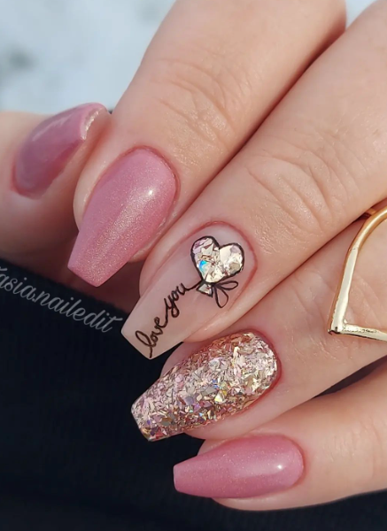 nude pink glitter nails. love you nail art. valentines nails coffin.