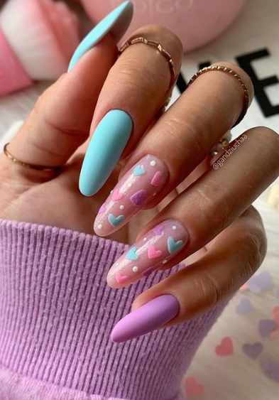 pastel heart valentines nails.valentine day nail design art. pink and blue nails.