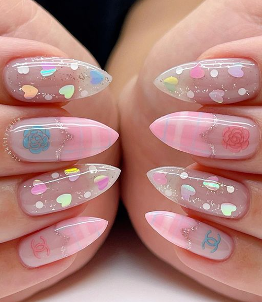 pastel shimmer heart valentines nail designs. valentine nail art.