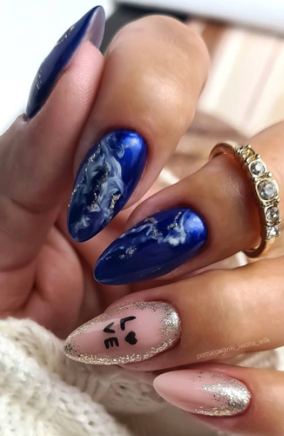 pink and blue marble love valentines day nail art design