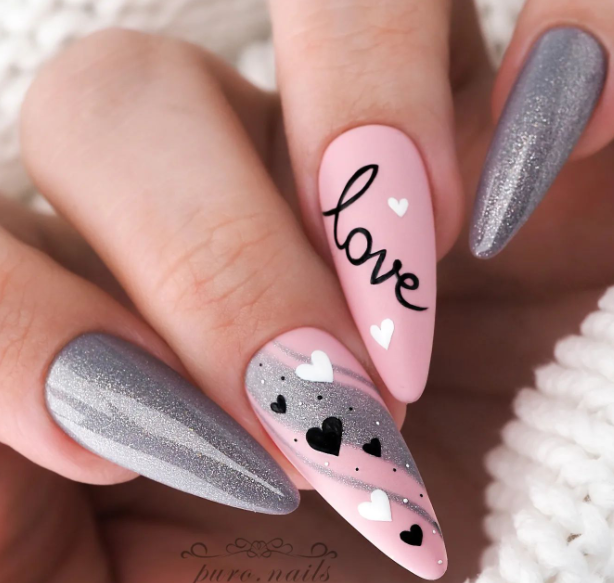 pink and silver love nails. valentines day nail designs