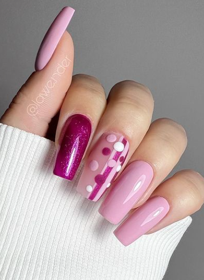 pink lavender polka dot valentines day nail design. valentines nail art.