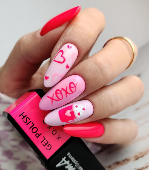 pink nail colors. valentines nails. xoxo valentines day nail designs