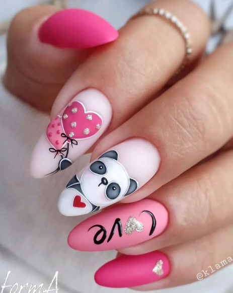 pink panda balloon valentines nail. valentine love nail designs