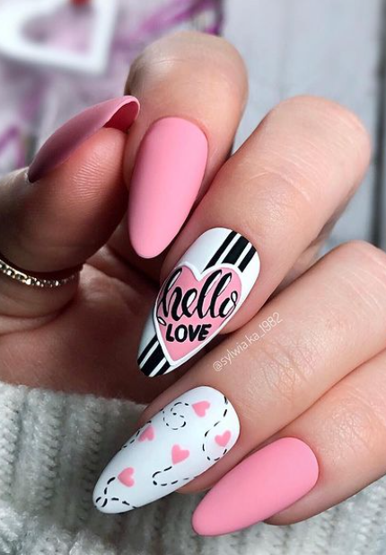 pink valentines day nail art. valentines nails designs. heart nail art.