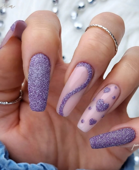 purple glitter heart nails. valentines day nail designs