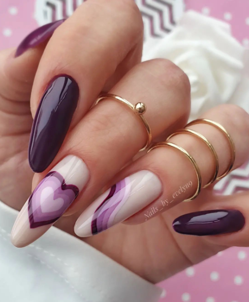 purple heart valentines day nail designs. valentines day nail art ideas purple gel nails.