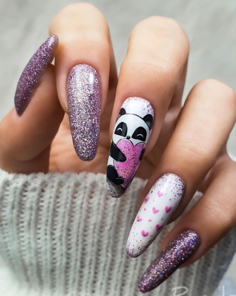 purple panda heart valentines day nail art design
