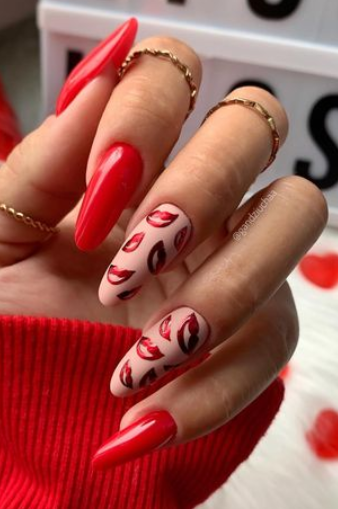 red lip valentines day nails. valentine nail designs. heart nail art valentines