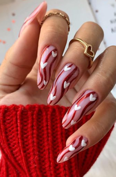 red swirl heart nails. valentines day nail designs red and white. long gel coffin nail designs valentines.