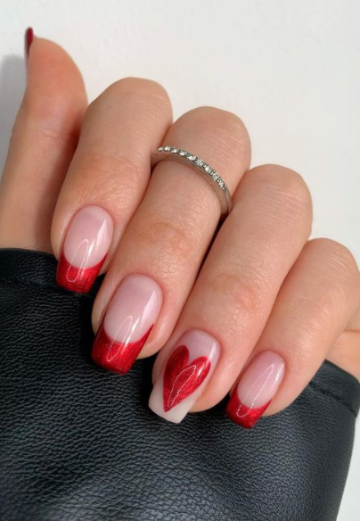 shimmer red tipped french manicure valentines day nails. valentines nail art. gel valentines nails.