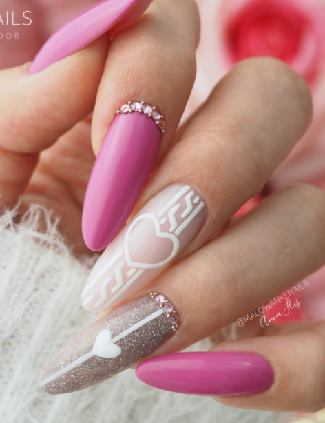 soft pink valentines day nail designs. pink valentines nails.