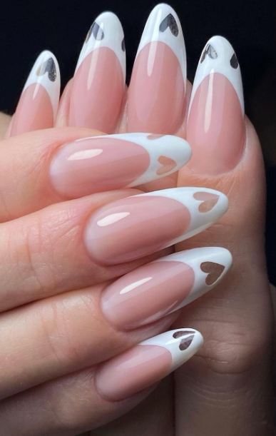 white heart valentines day nail art. valentines nail design ideas. white french tip nails.