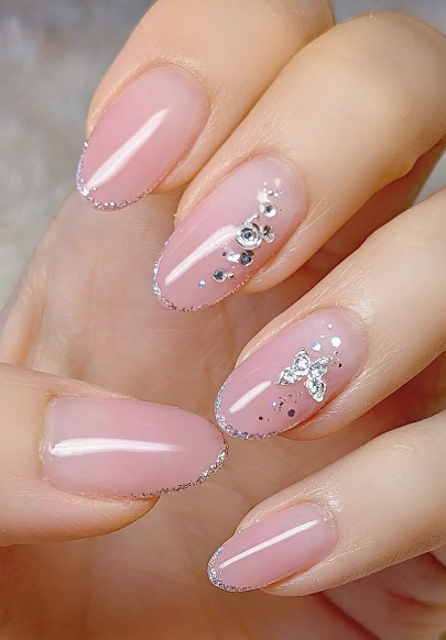 crystal wedding nails. nude nails designs. neutral pink nails