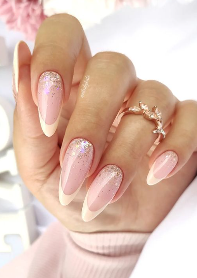 french manicure glitter nude nails. neutral wedding nails. french tipped nude nails almond.