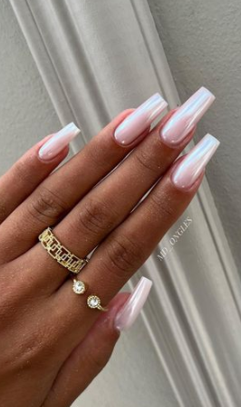 glazed donut pink hailey bieber nails. pink chrome mirror wedding nails. nude neutral nails soft pinks.