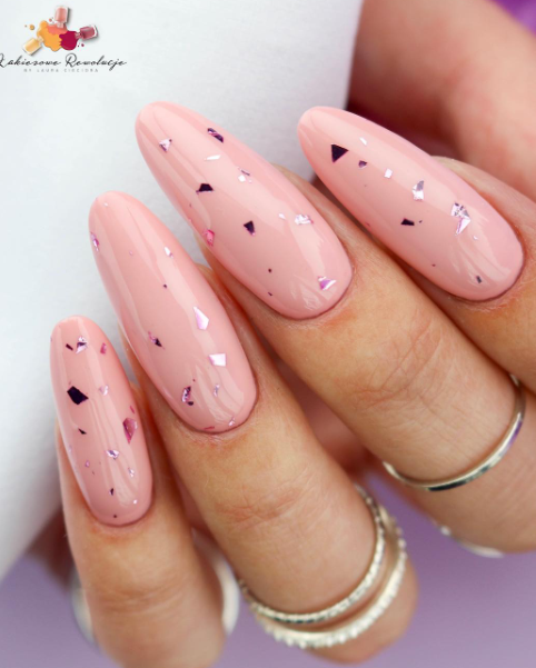 glitter nude nails. wedding nude nail ideas. nude nails glam almond acrylic.