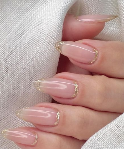 glitter tipped nude nails. neutral minimal pink nails. wedding nails nude.