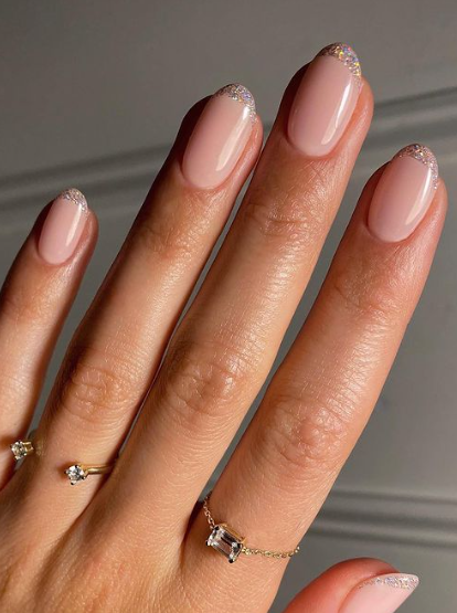 glitter tipped nude nails. soft pink nude nails wedding. nude nail ideas. nude nails simple classic.